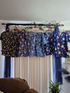 LARGE 6 Piece  Holiday and Winter Print Medical Scrub Tops - Assorted Prints.